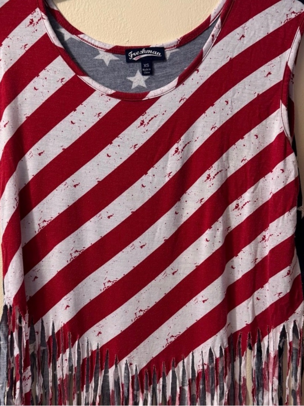 Patriotic Navy & White Star-Print Tee with Red Trim and fringes at bottom. XS